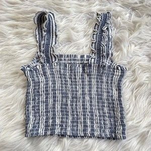 Hollister Smocked Crop Top Womens Small Cotton Ruffle Straps Navy White Striped